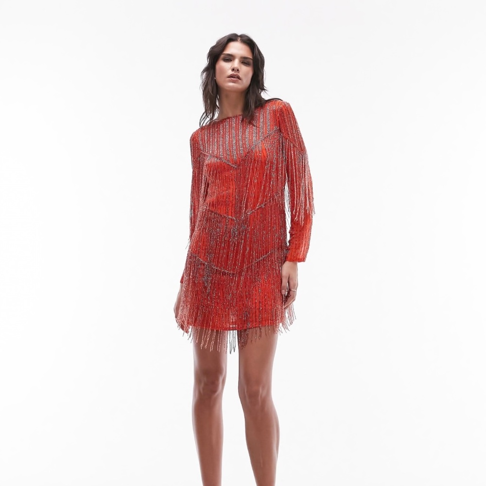 Topshop long sleeved orange fringe dress NWT Women’s size 6